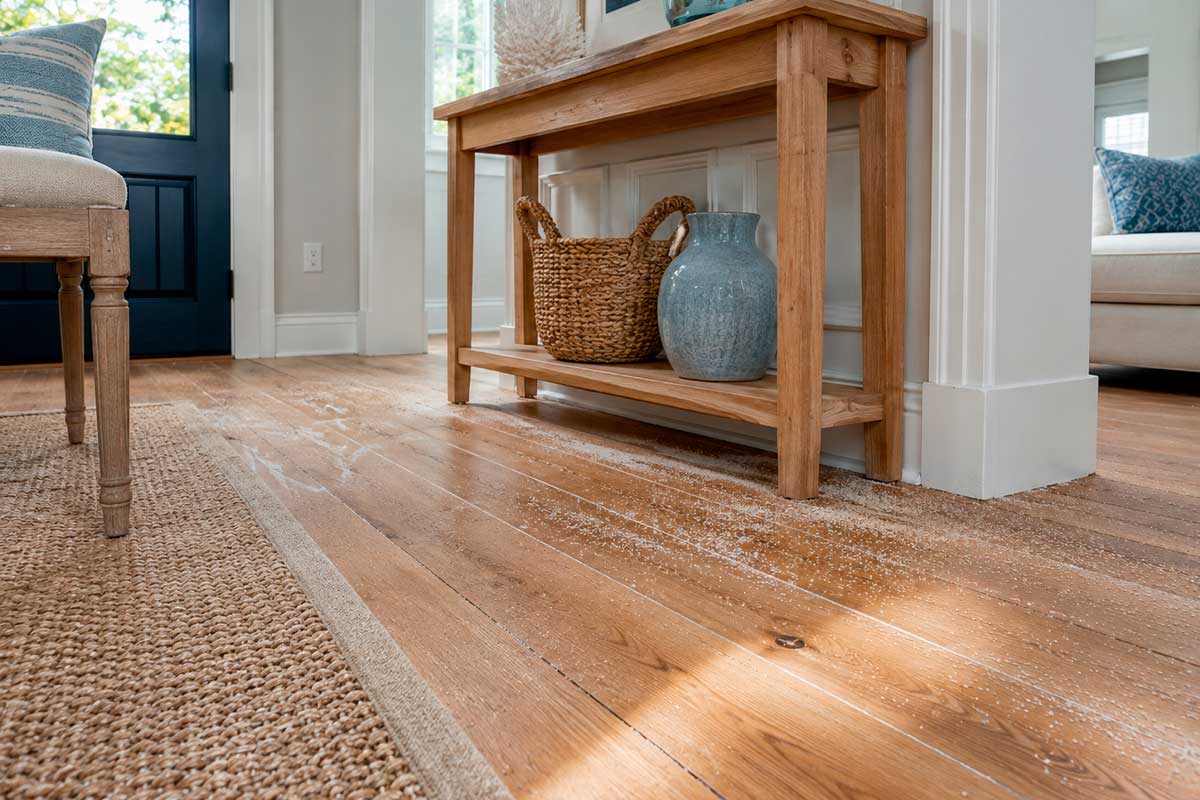 Cleaning sand from hardwood floors in New Jersey homes after a Jersey Shore beach day