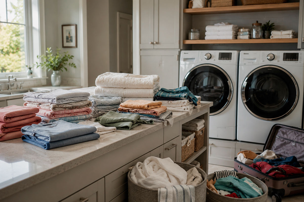 Organizing vacation laundry after returning home from a summer trip