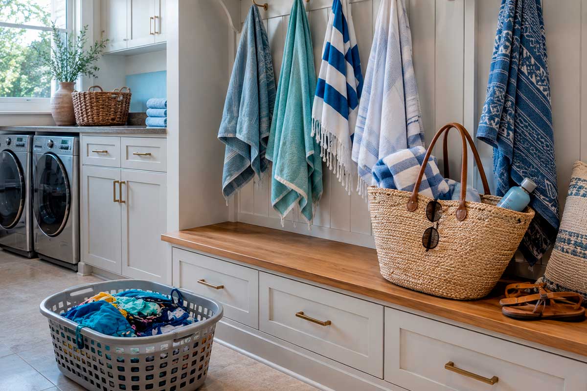 Wet towels and swimsuits drying after a Jersey Shore beach day