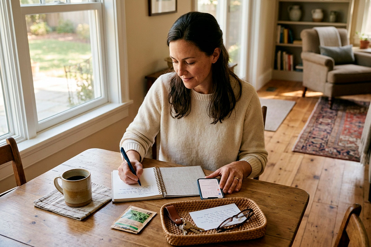 Homeowner organizing a manageable weekly cleaning routine at a dining table