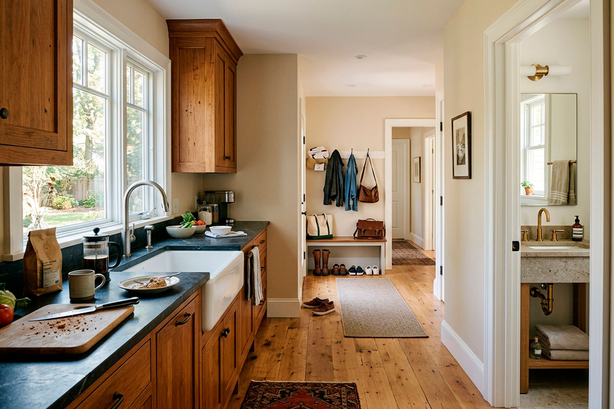 Kitchen and bathroom areas prepared for different levels of regular home cleaning in a New Jersey house