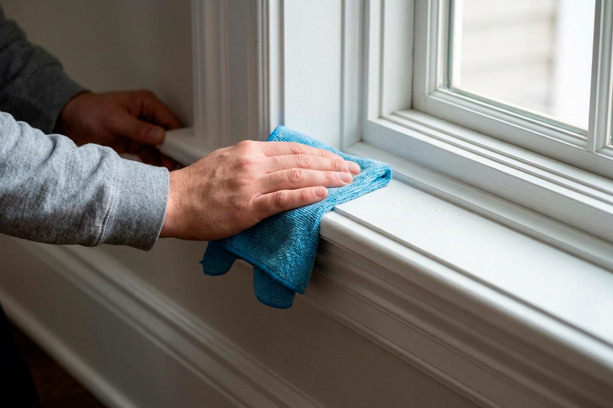 Cleaner carefully working around detailed wood trim in a New Jersey residence