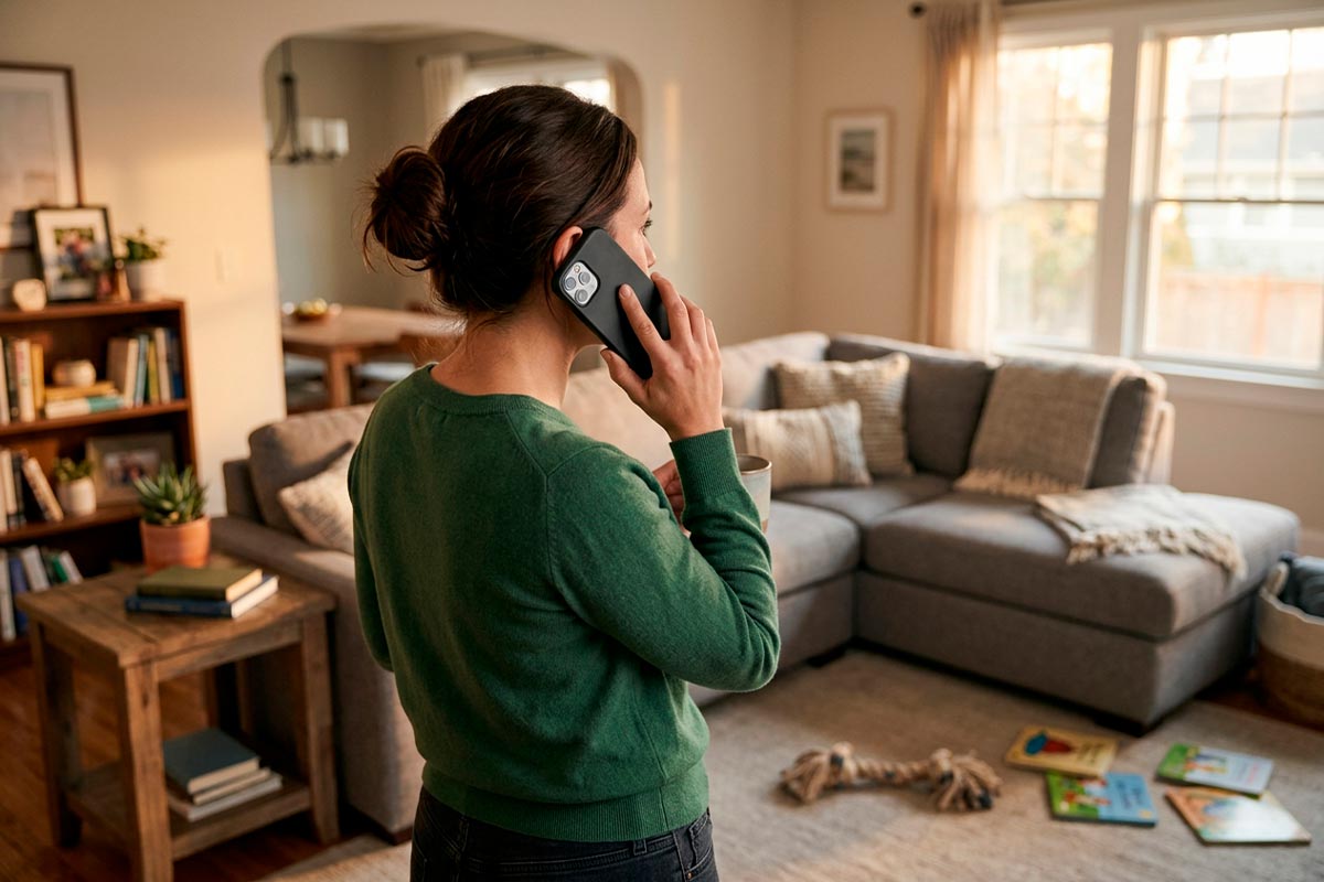 Cleaning service coordinator speaking with a homeowner by phone about a service question