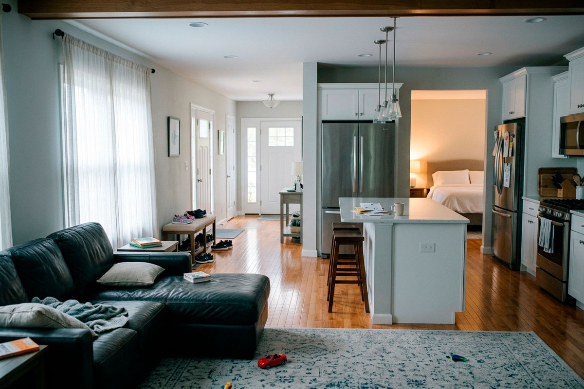 Residential living spaces showing different levels of household activity in a New Jersey home