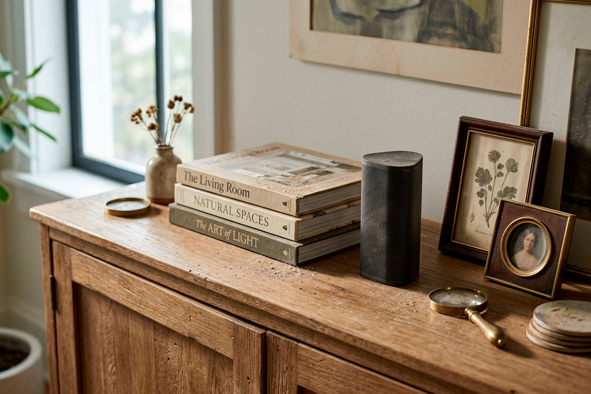 Dust collecting around shelving and electronics in a frequently used living space