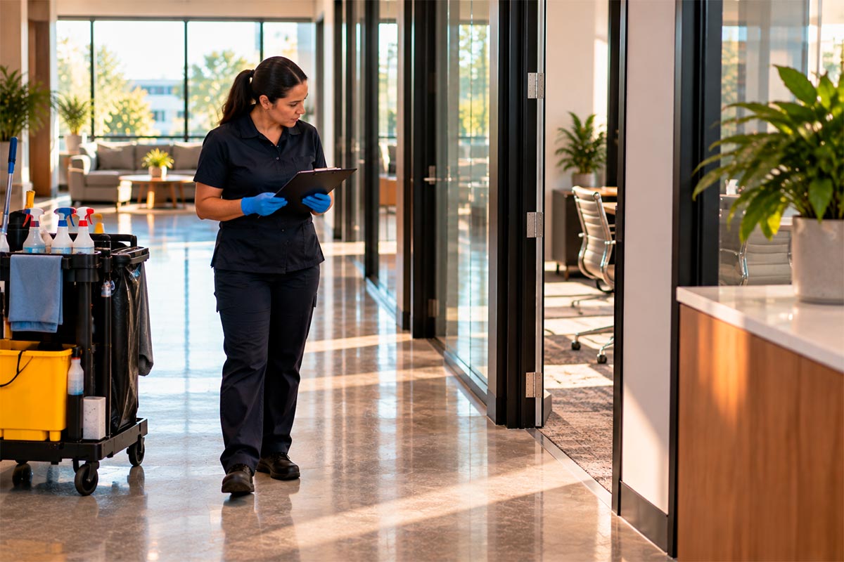 Professional cleaner assessing high-traffic areas inside a modern workplace