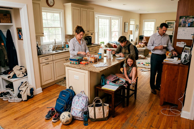 Family organizing their home as the school-year routine begins in Monmouth County, New Jersey