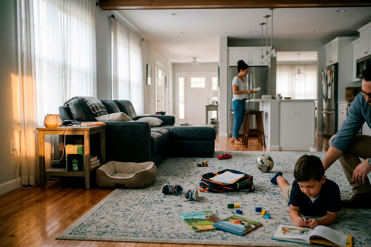 Children's belongings and everyday activity in a busy family living space in Monmouth County