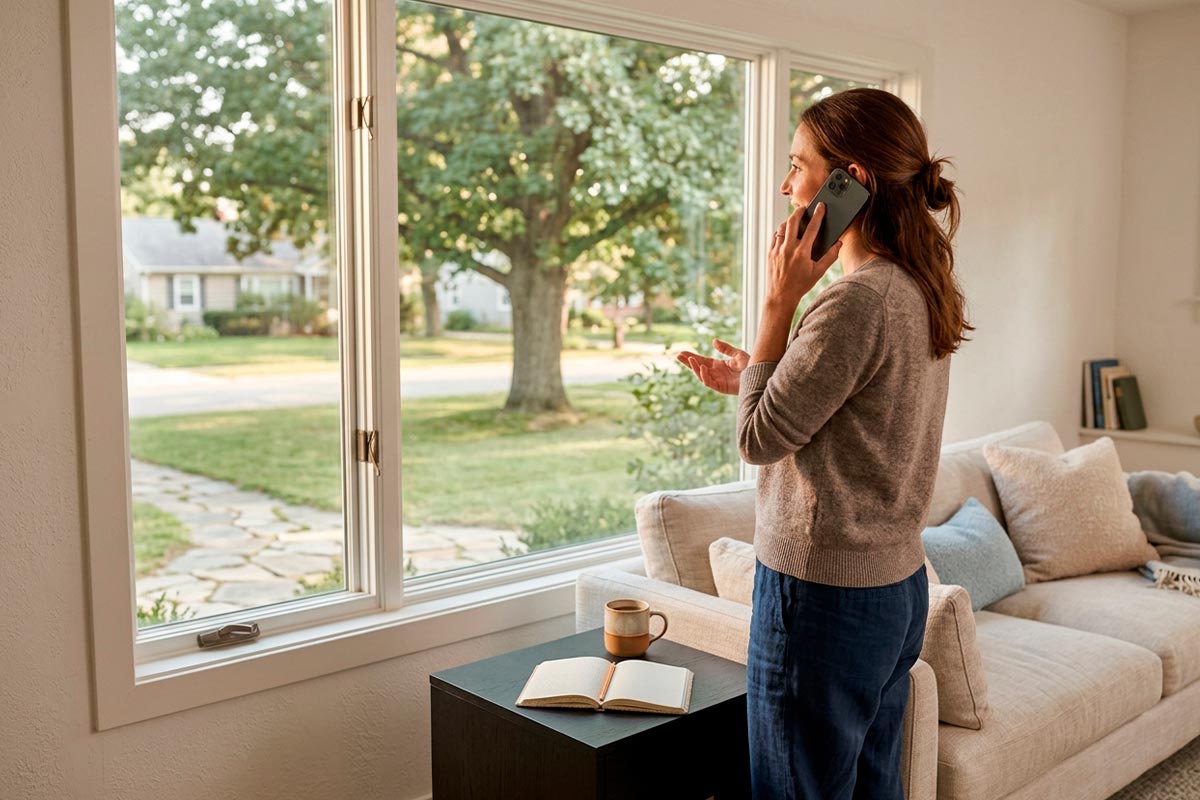 Homeowner discussing a cleaning service question by phone in a residential home