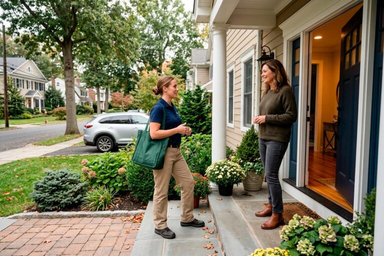 Homeowner speaking with a professional cleaner at the entrance of a Monmouth County, NJ home