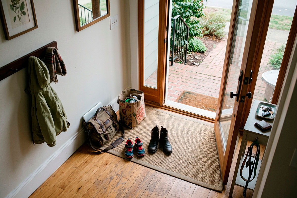amily entryway with shoes, bags and everyday belongings that can contribute to indoor dust buildup