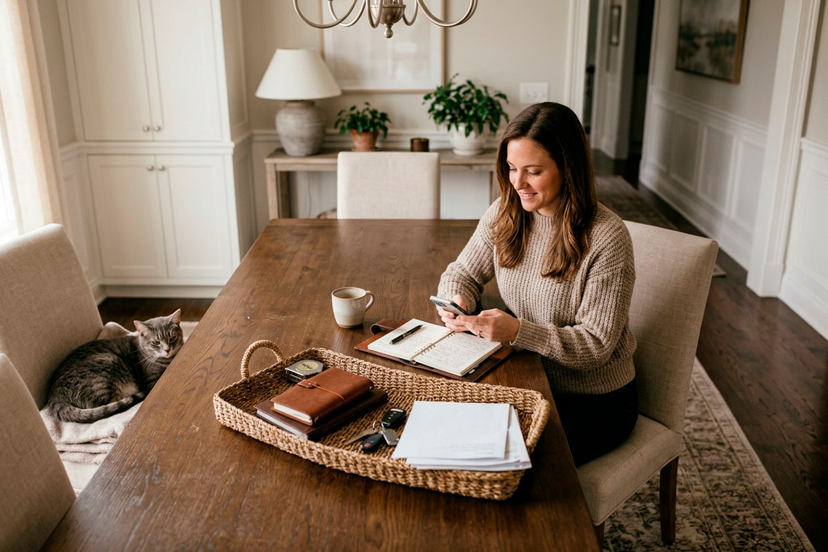 Pet owner organizing a practical home maintenance routine at a dining table