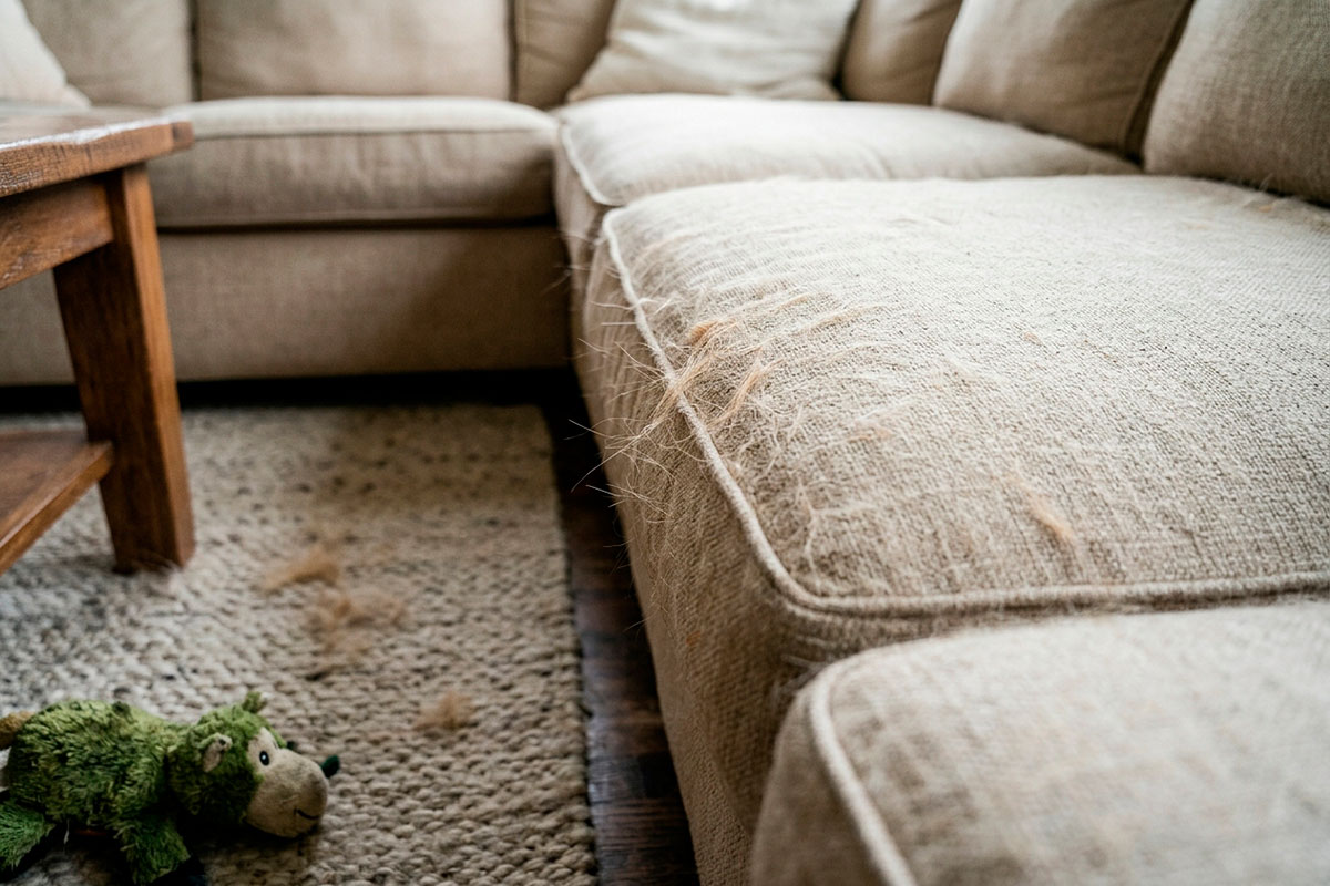 Dog hair visible on a sofa and nearby rug in a busy household