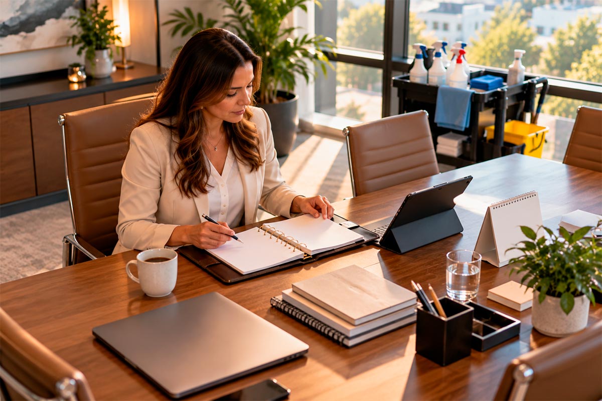 Business manager organizing a recurring cleaning plan for a professional workplace