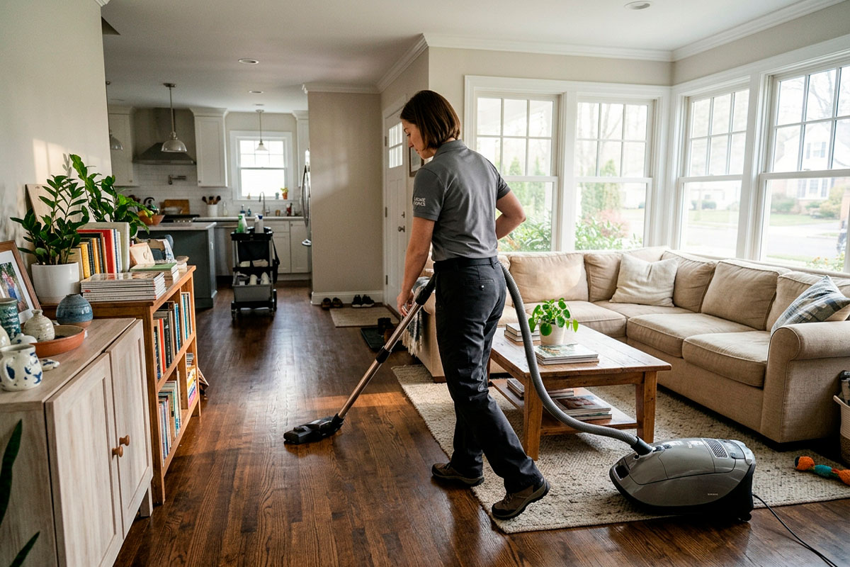 Professional cleaner vacuuming a residential floor in a New Jersey home