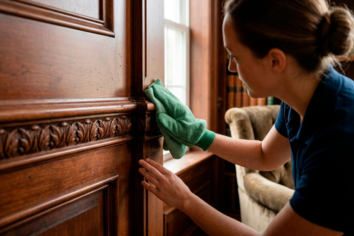 Cleaner carefully dusting detailed trim and shelving inside a residential New Jersey home