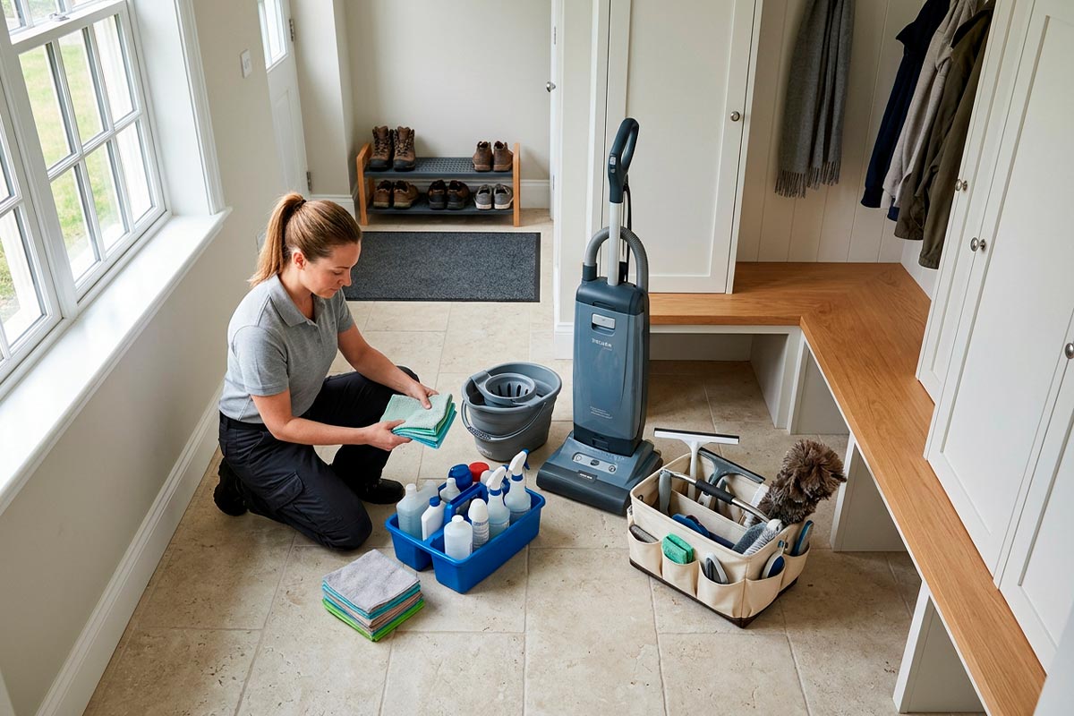 Professional cleaner organizing supplies before cleaning a suburban home