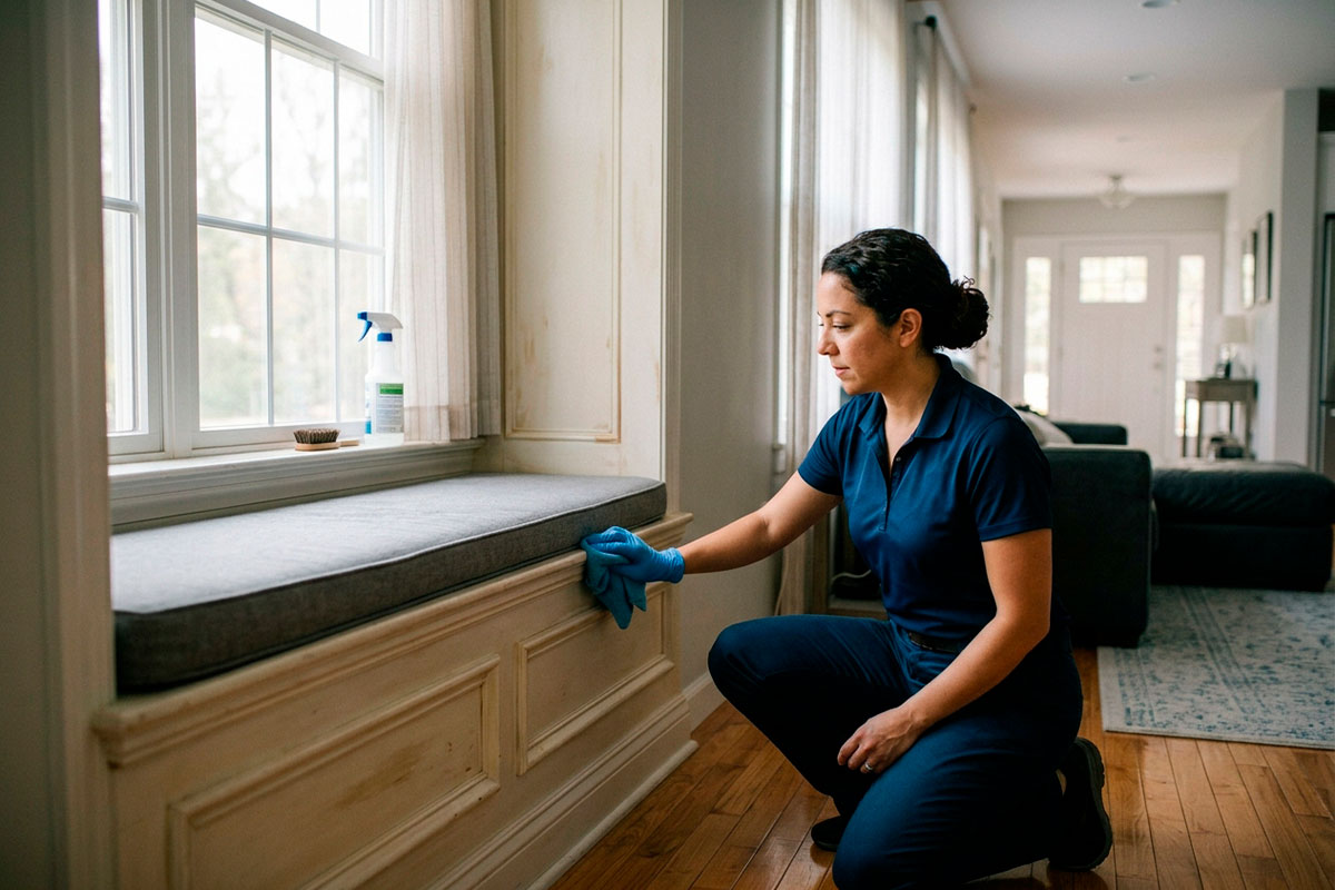 Professional cleaner performing detailed work in a residential New Jersey home
