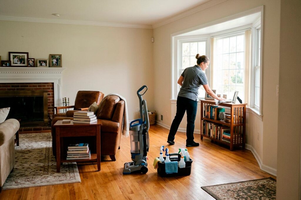 Professional cleaner working carefully inside a suburban Monmouth County, NJ home
