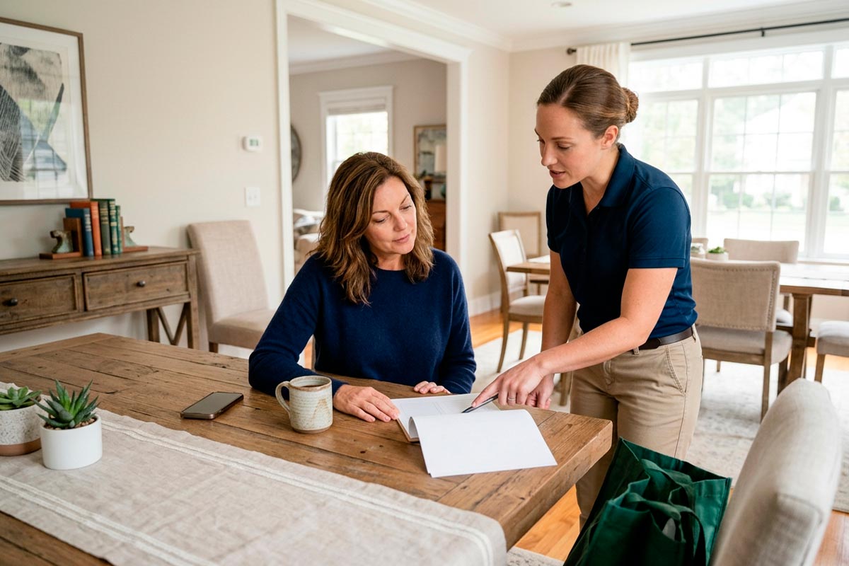 Homeowner and cleaning professional discussing service details inside a New Jersey home