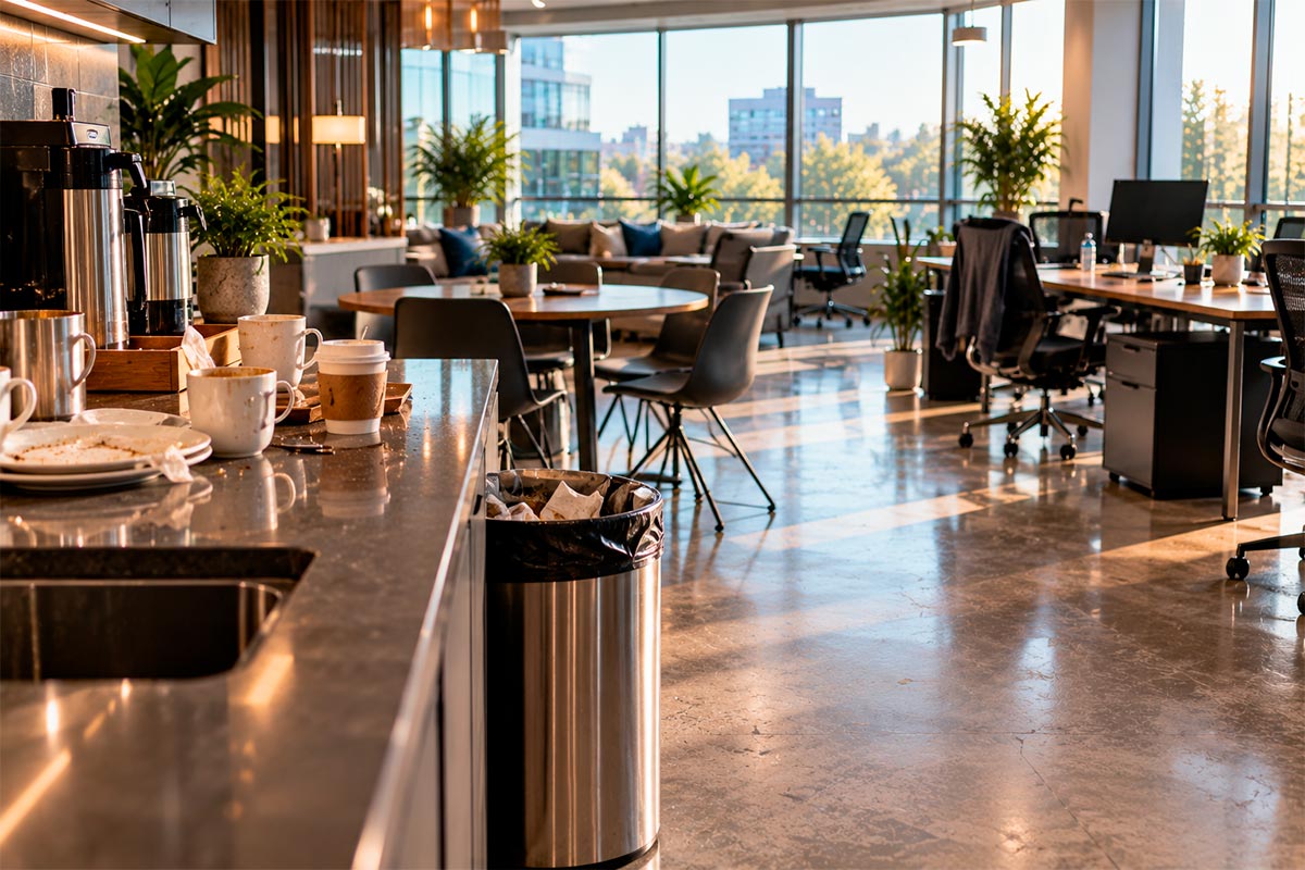High-use workplace areas showing everyday signs of increased cleaning needs