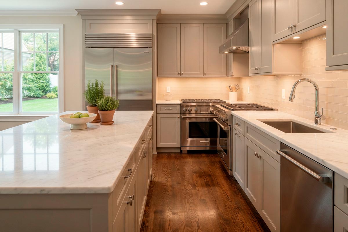 Clean kitchen and reflective surfaces prepared for listing photography