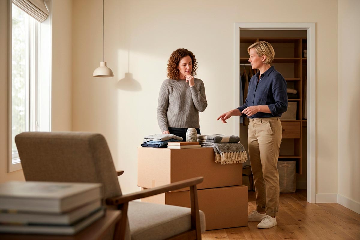 A homeowner and professional organizer reviewing belongings and planning how to improve a household space.