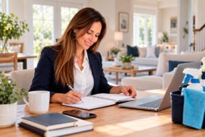 A small business owner planning residential cleaning services in a bright suburban home.