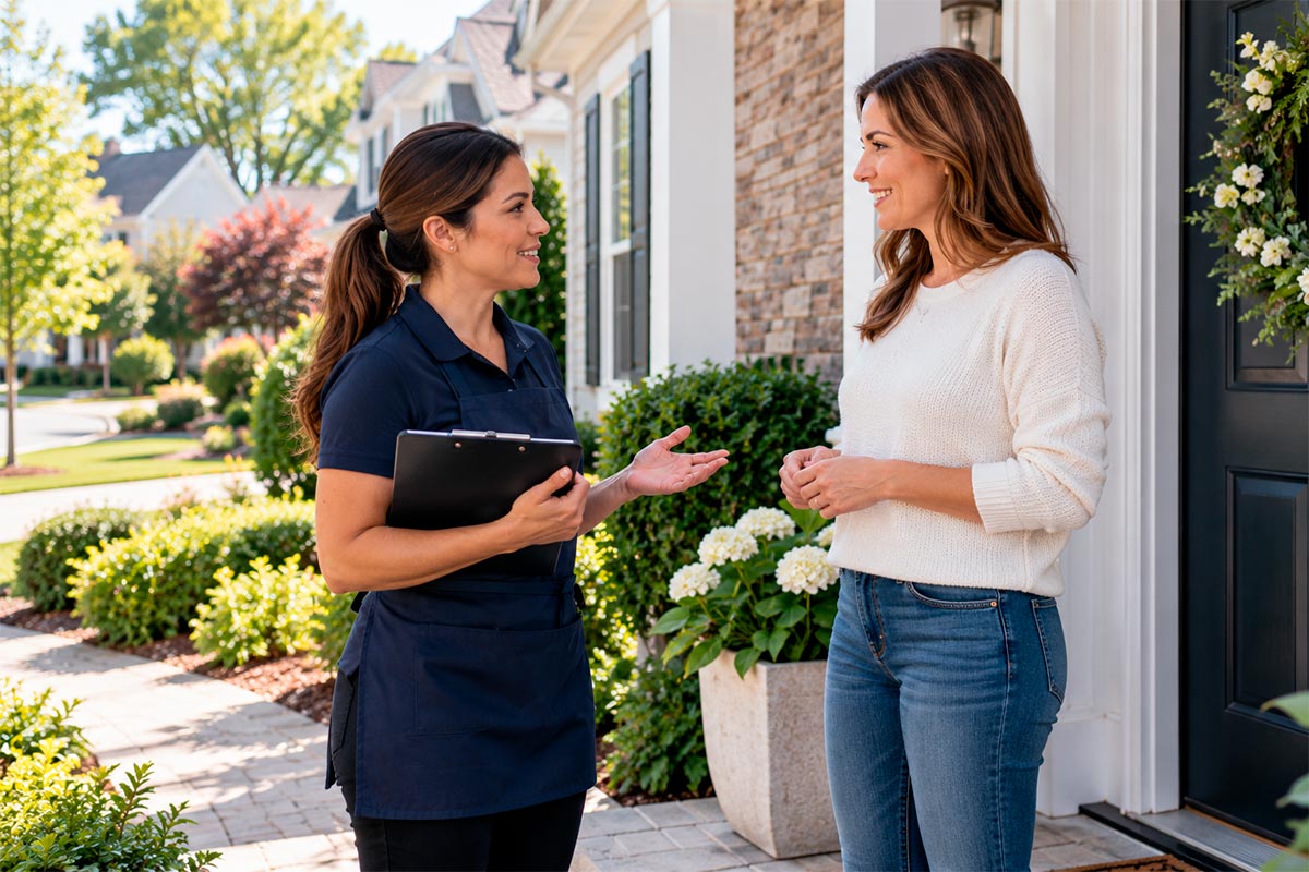A small business owner speaking with a homeowner outside a suburban New Jersey residence.