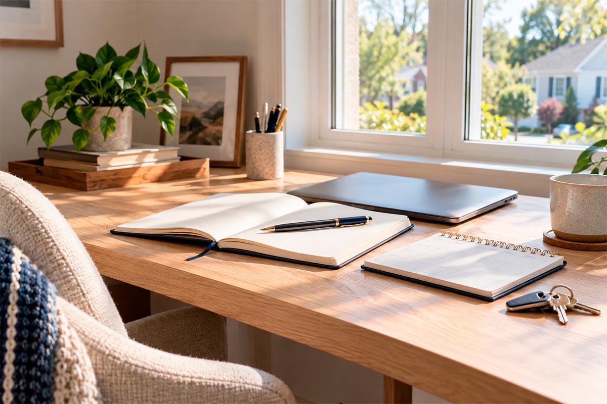 A notebook, planner and house keys on a desk in a home office.