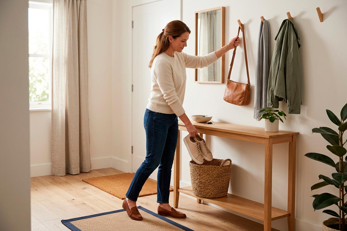 An adult homeowner placing everyday items in their designated spaces in an organized entryway.