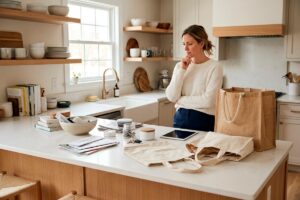 A clean but cluttered kitchen counter with everyday household belongings in a suburban home.