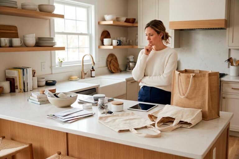 A clean but cluttered kitchen counter with everyday household belongings in a suburban home.