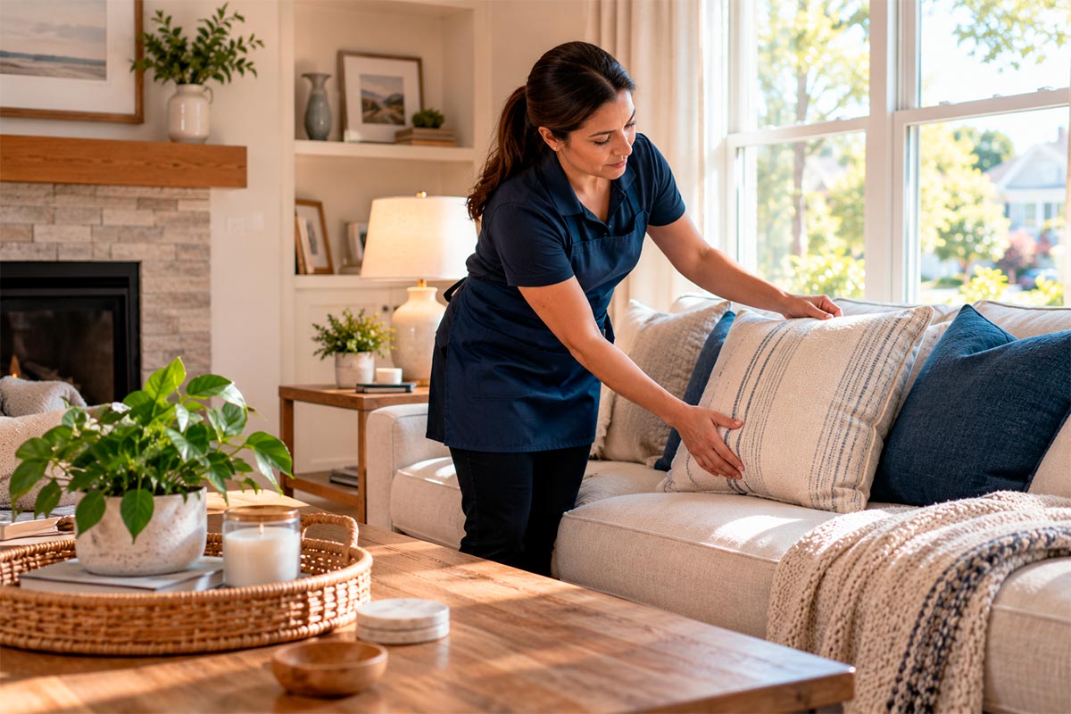 A professional cleaner carefully arranging household items in a family living room.