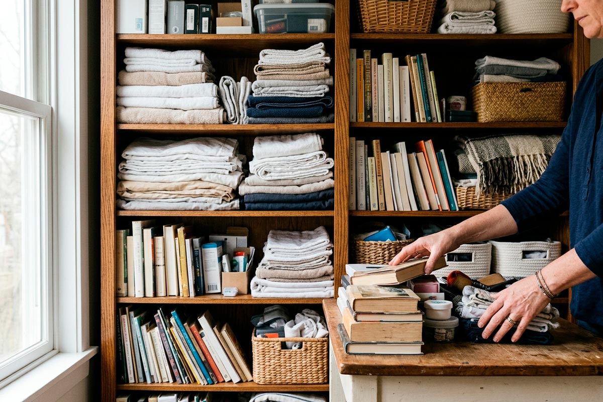 Household belongings being sorted on a shelf to make an overcrowded storage space easier to use.